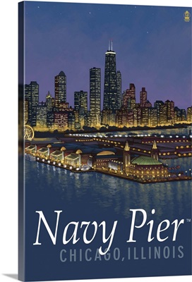 Navy Pier and Chicago Skyline: Retro Travel Poster