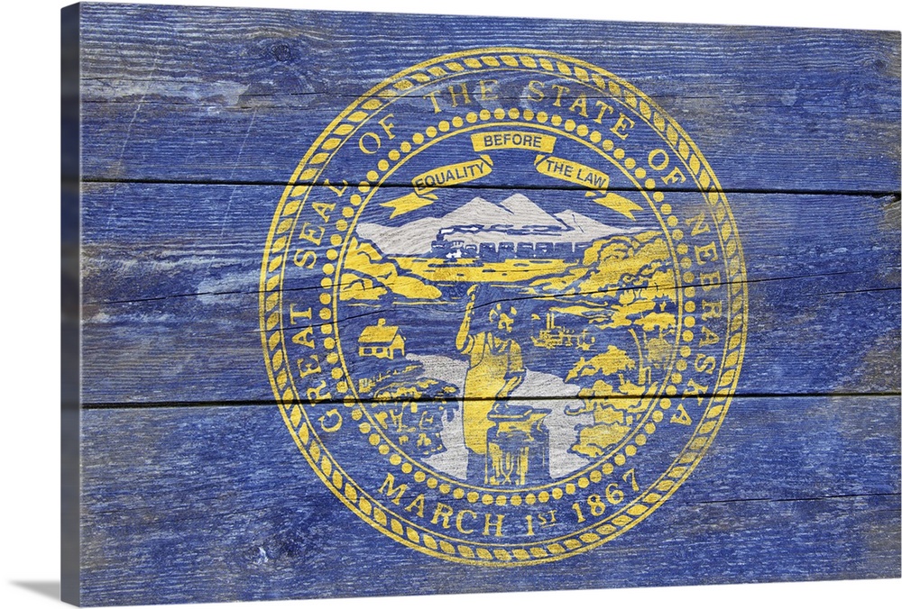 The flag of Nebraska with a weathered wooden board effect.