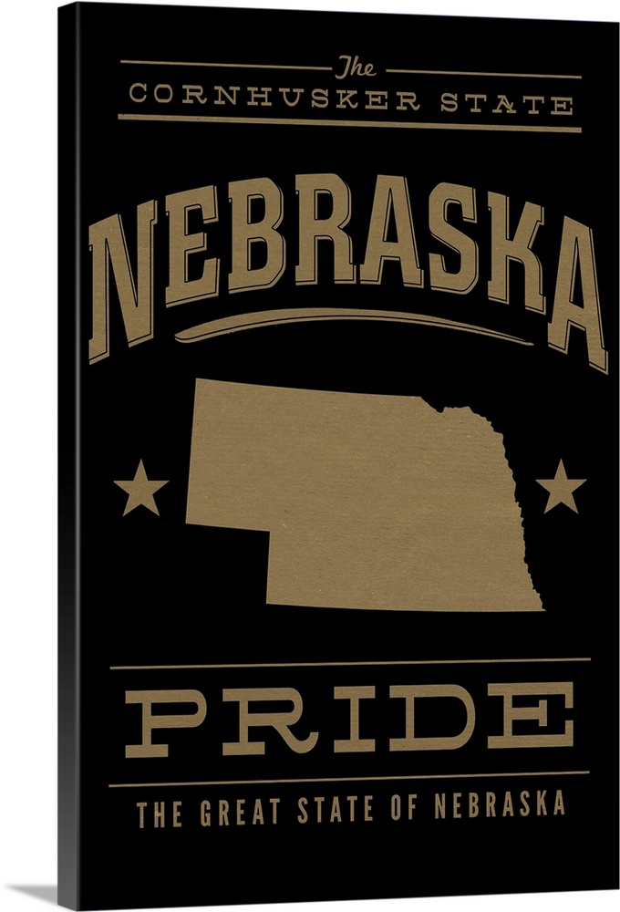 The Nebraska state outline on black with gold text.