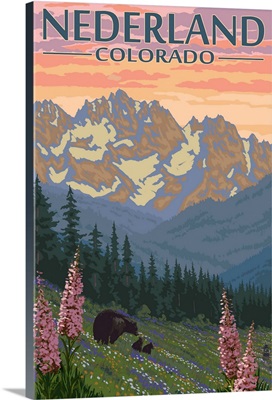 Nederland, Colorado - Bears and Spring Flowers: Retro Travel Poster