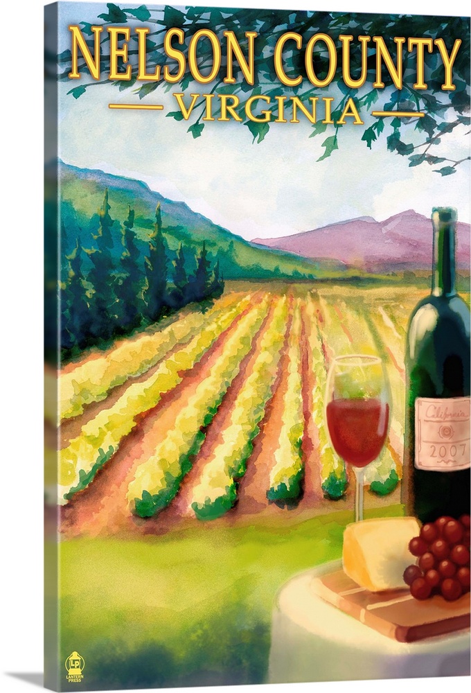 Retro stylized art poster of a glass of red wine with the bottle, and a vineyard in the background.