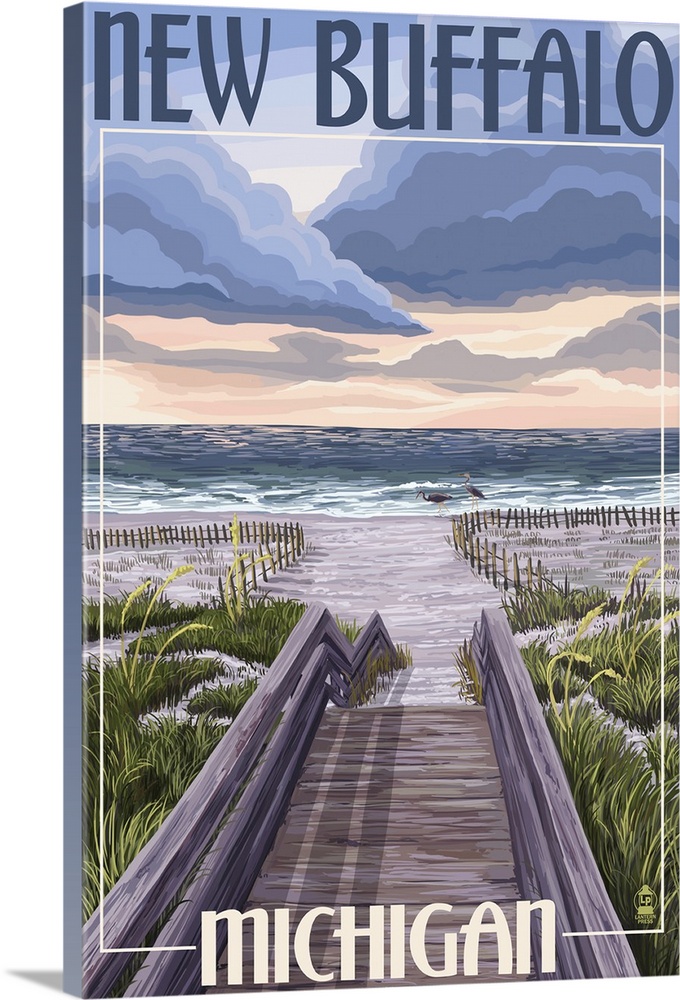 Retro stylized art poster of a dock overlooking the ocean, with massive clouds in the distance.