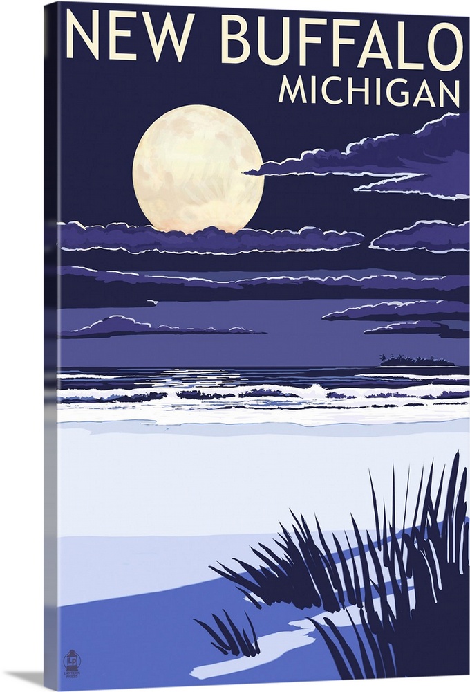 New Buffalo, Michigan - Full Moon Night Scene: Retro Travel Poster