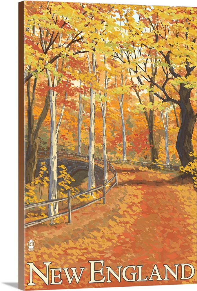 Retro stylized art poster of a leaf covered road cutting through a fall colored forest. With a fence running alongside of ...