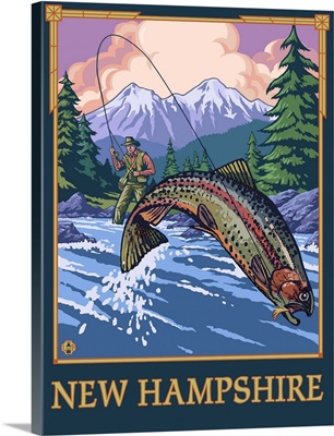 New Hampshire - Angler Fisherman Scene: Retro Travel Poster