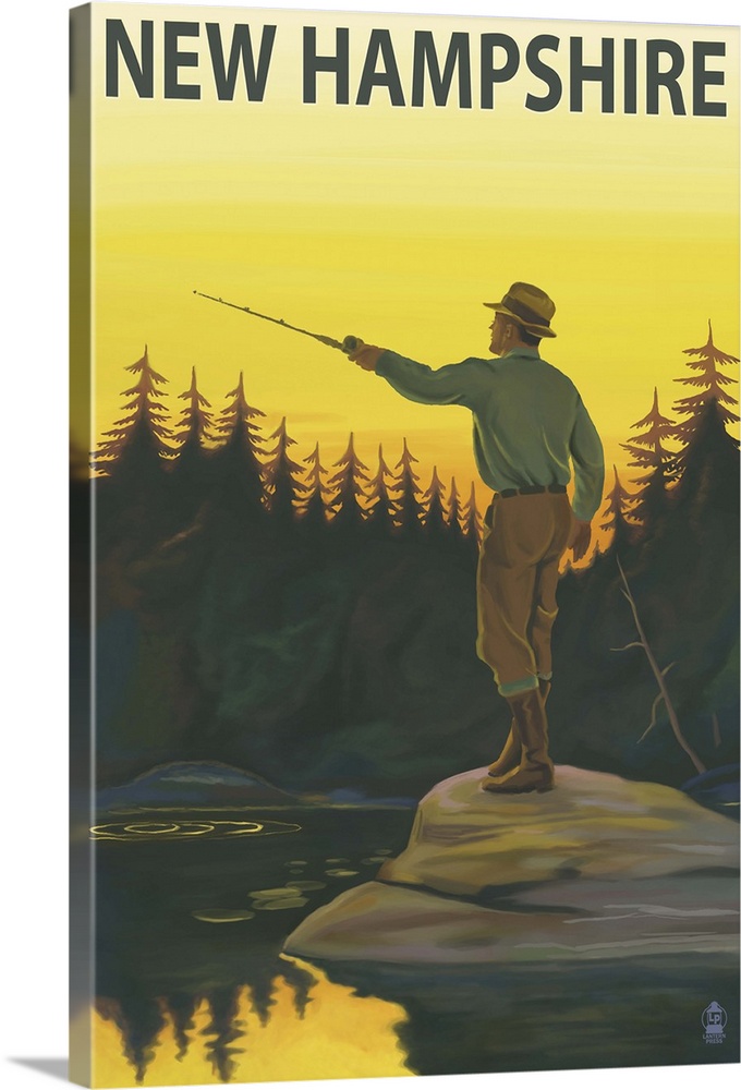 New Hampshire - Fisherman: Retro Travel Poster