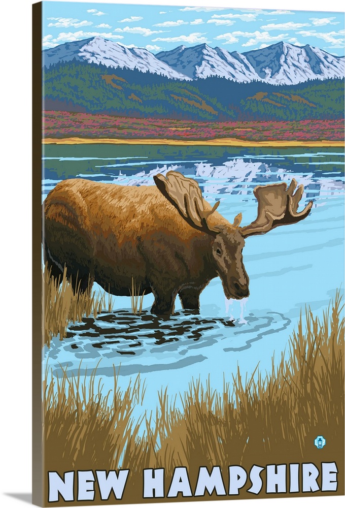 New Hampshire - Moose Drinking in Lake: Retro Travel Poster