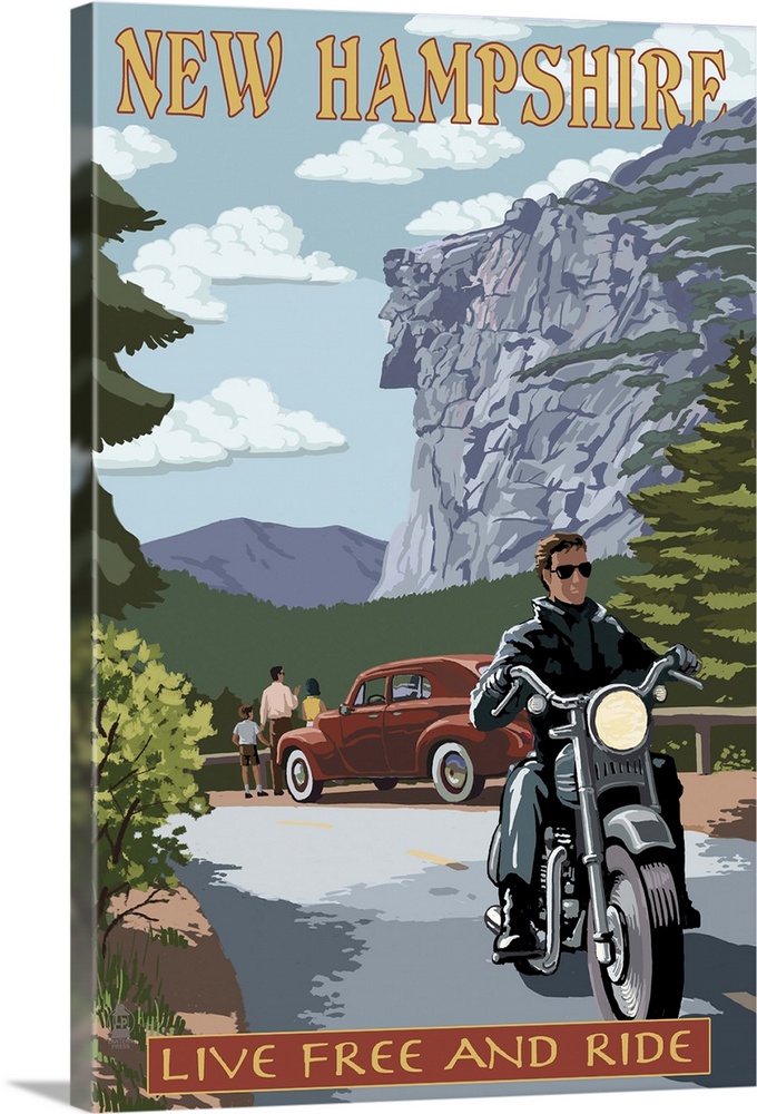 New Hampshire - Motorcycle Scene and Old Man of the Mountain: Retro Travel Poster
