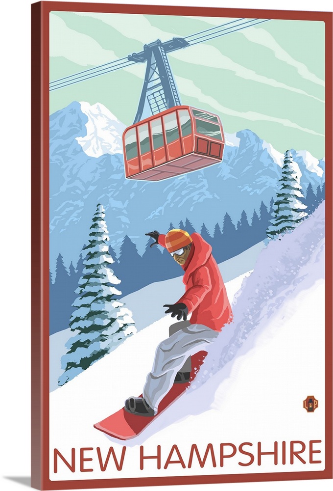New Hampshire - Snowboarder and Tram: Retro Travel Poster