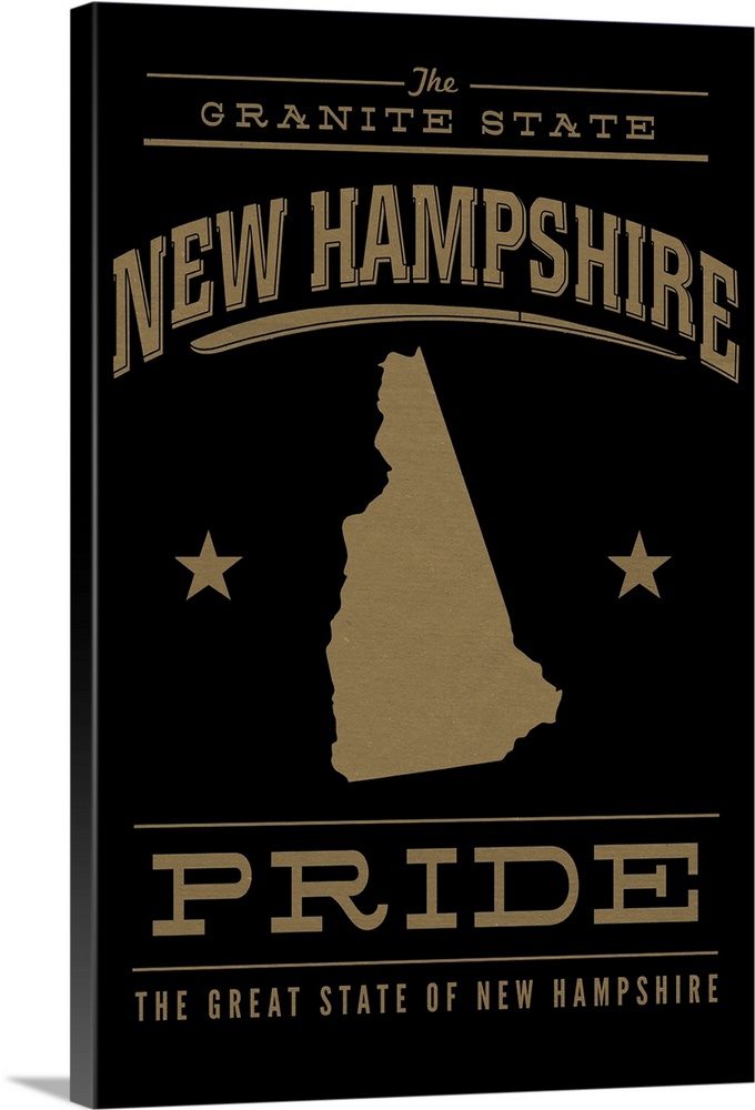 The New Hampshire state outline on black with gold text.
