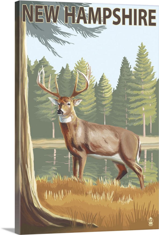 New Hampshire - White-Tailed Deer: Retro Travel Poster