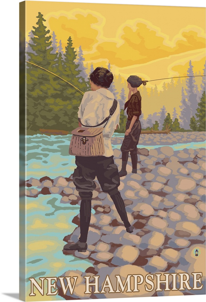 New Hampshire - Women Fly Fishing Scene: Retro Travel Poster