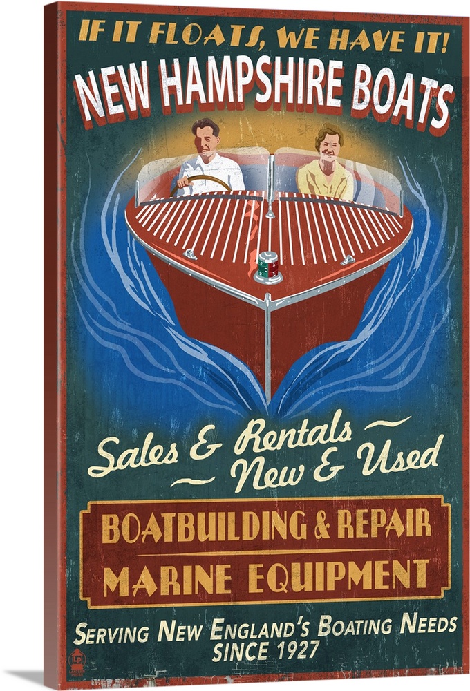 Retro stylized art poster of  a happy couple driving a wooden speed boat.