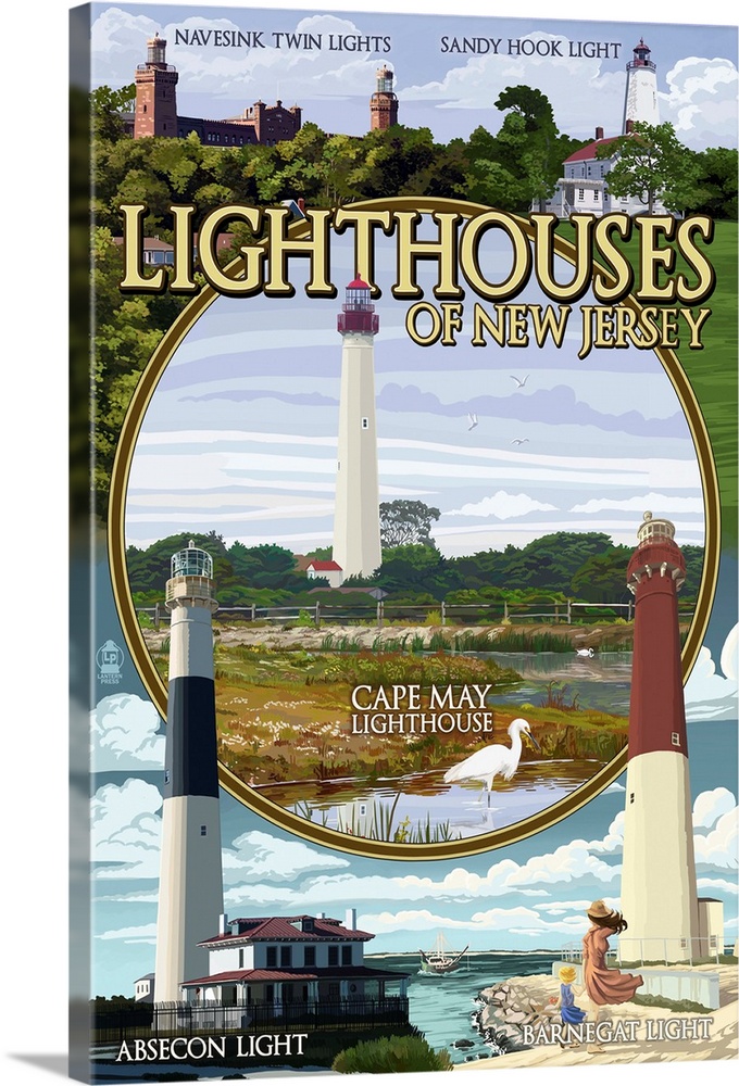 New Jersey - Lighthouse Montage Scenes: Retro Travel Poster