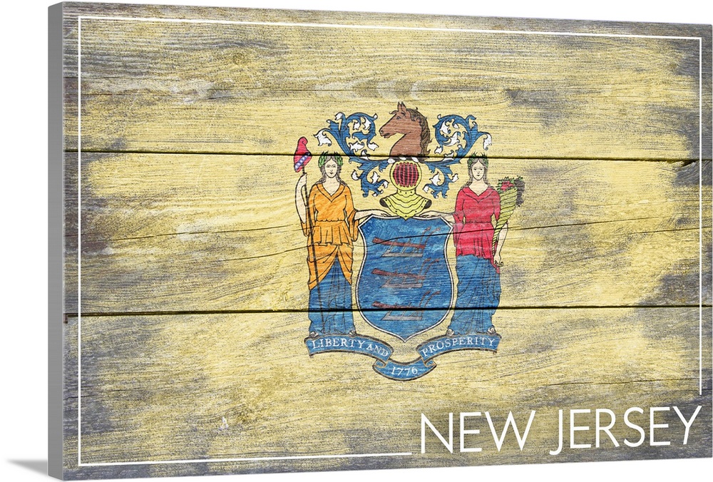 The flag of New Jersey with a weathered wooden board effect.