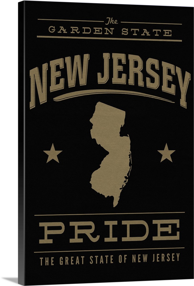 The New Jersey state outline on black with gold text.