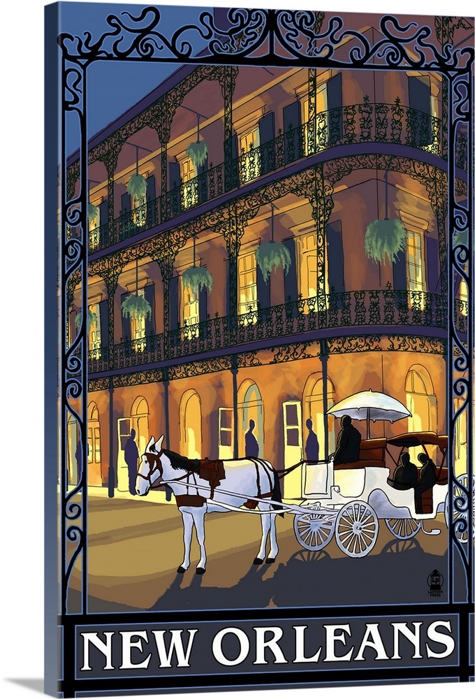 New Orleans, LA French Quarter Retro Travel Poster Wall Art, Canvas