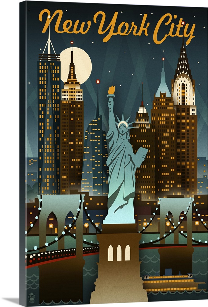 New York City, New York - Retro Skyine: Retro Travel Poster
