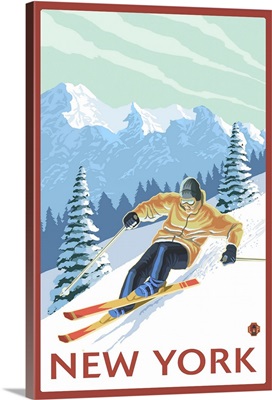 New York - Downhill Skier Scene: Retro Travel Poster