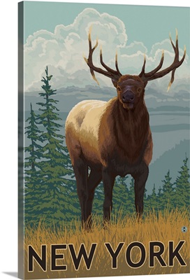 New York - Elk Scene: Retro Travel Poster