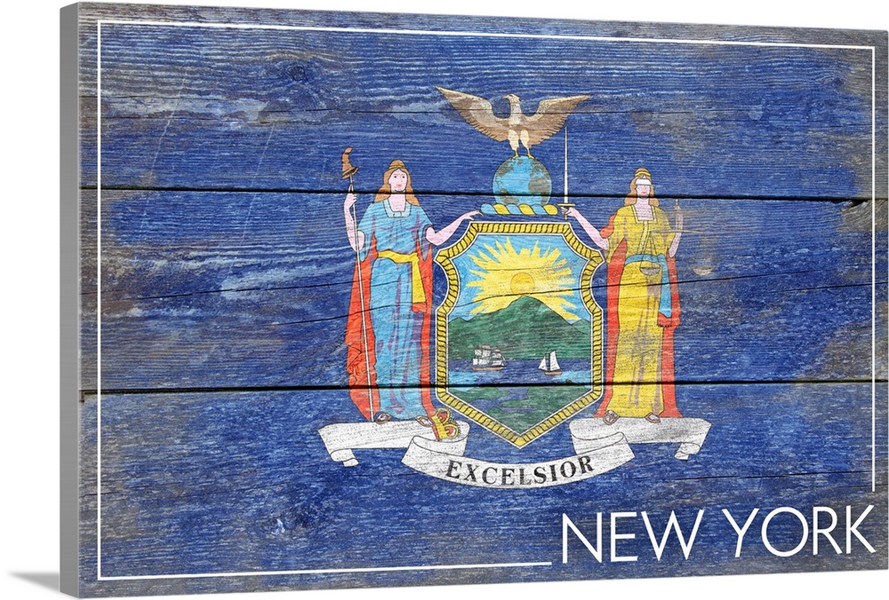 The flag of New York with a weathered wooden board effect.