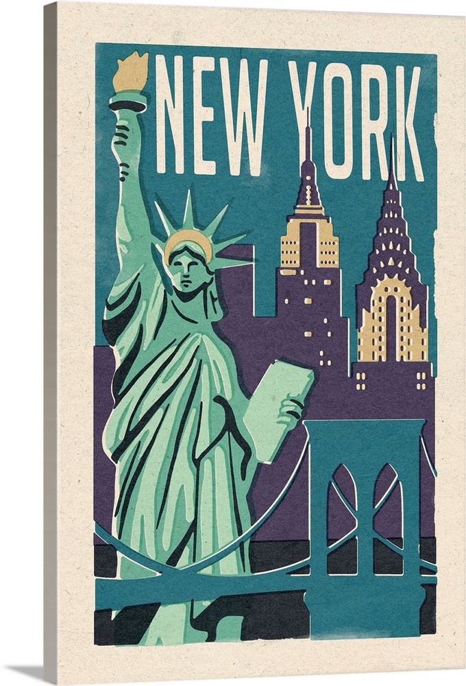 New York -  Woodblock: Retro Travel Poster