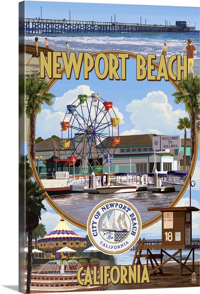 Newport Beach, California - Newport Beach Montage: Retro Travel Poster