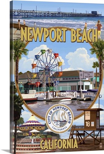 Newport Beach, California - Newport Beach Montage: Retro Travel Poster ...