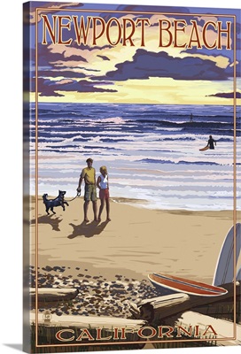 Newport Beach, California - Sunset Beach Scene: Retro Travel Poster