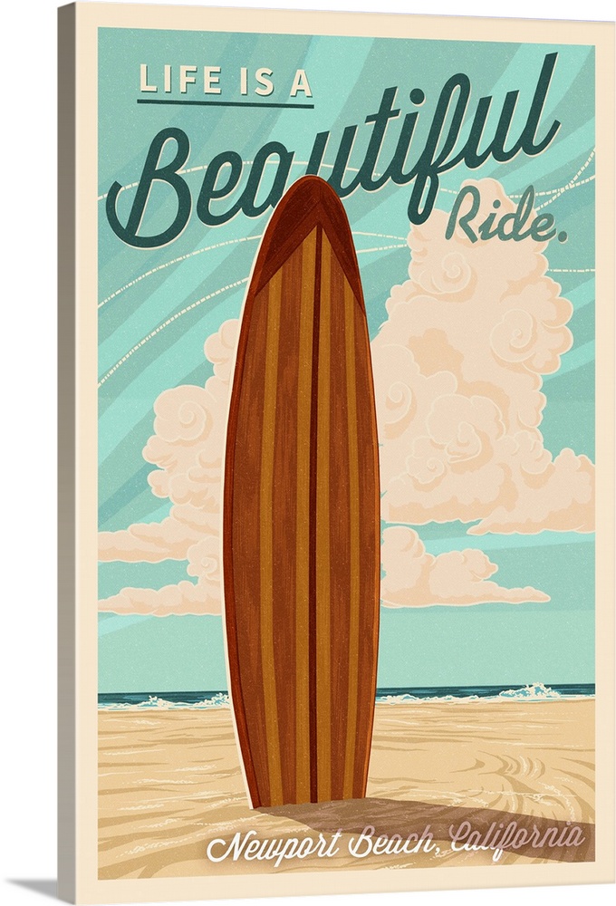 Newport Beach, California, Surf Board Letterpress, Life is a Beautiful Ride