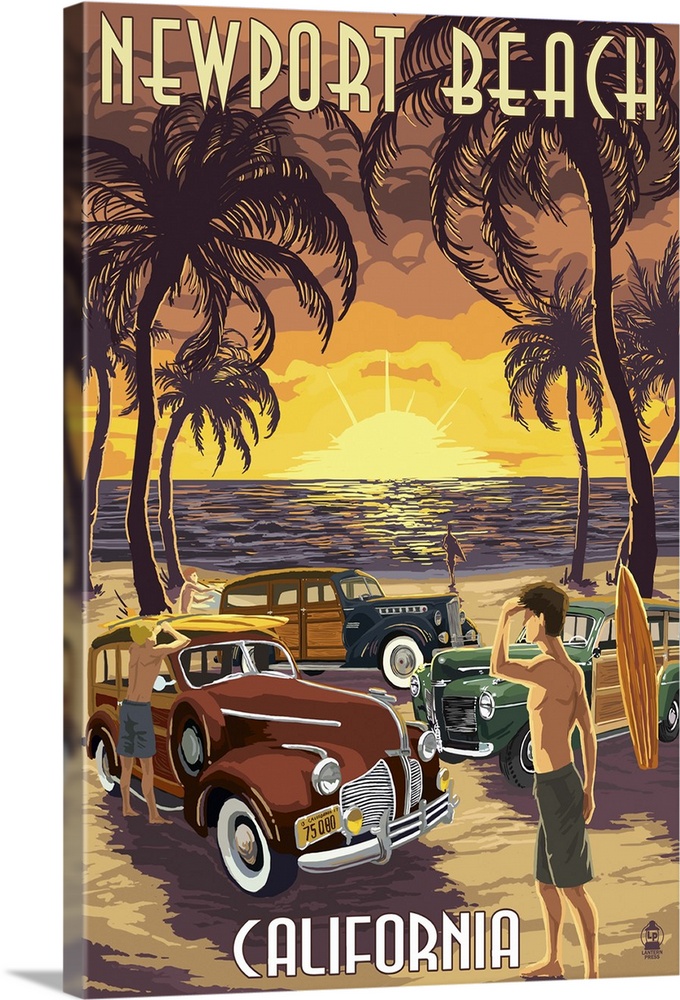 Newport Beach, California - Woodies and Sunset: Retro Travel Poster