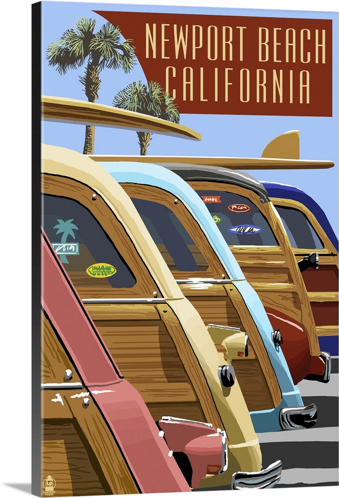 Newport Beach, California - Woodies Lined Up: Retro Travel Poster