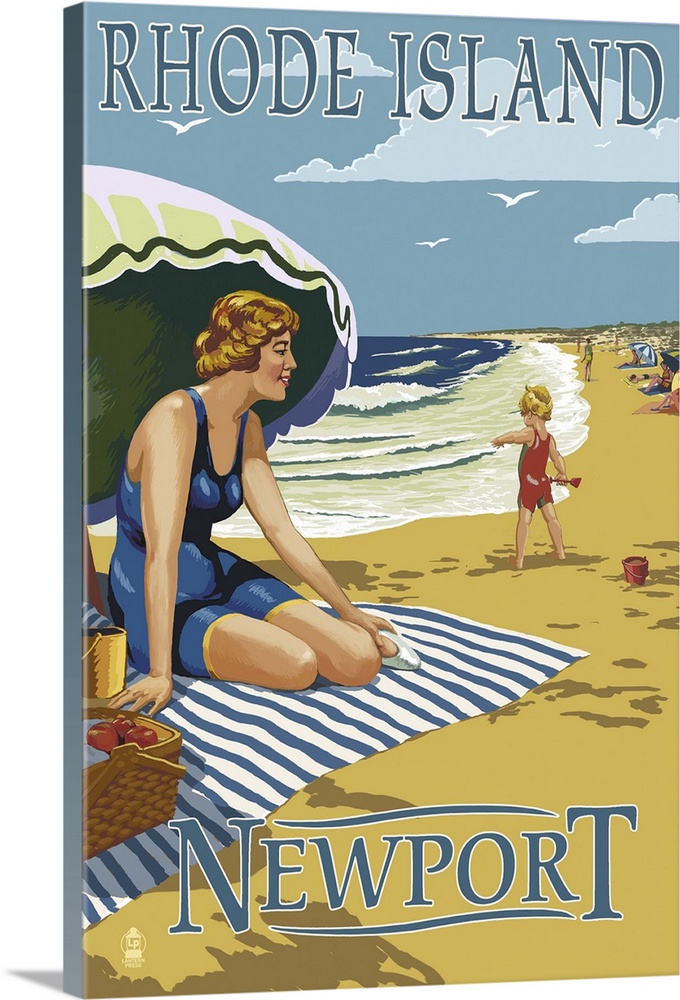 Newport, Rhode Island - Beach Scene: Retro Travel Poster