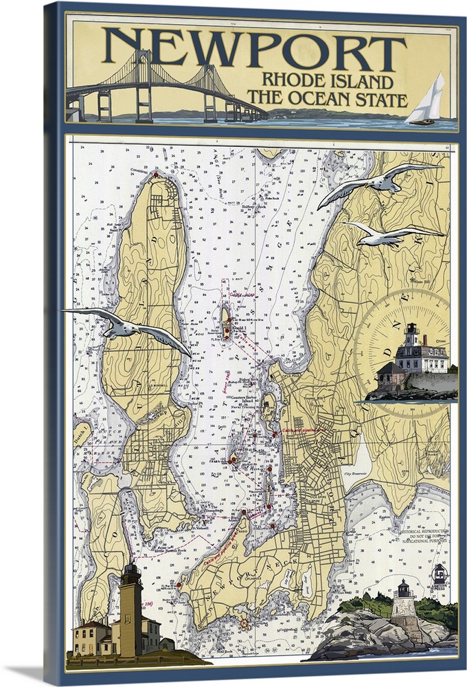 Newport, Rhode Island Nautical Chart: Retro Travel Poster