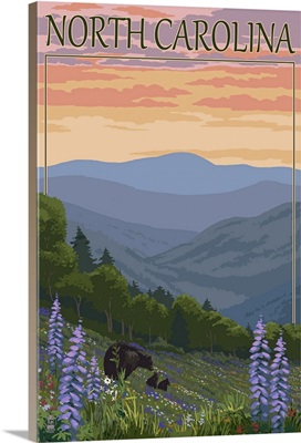 North Carolina - Bear and Cubs with Spring Flowers: Retro Travel Poster