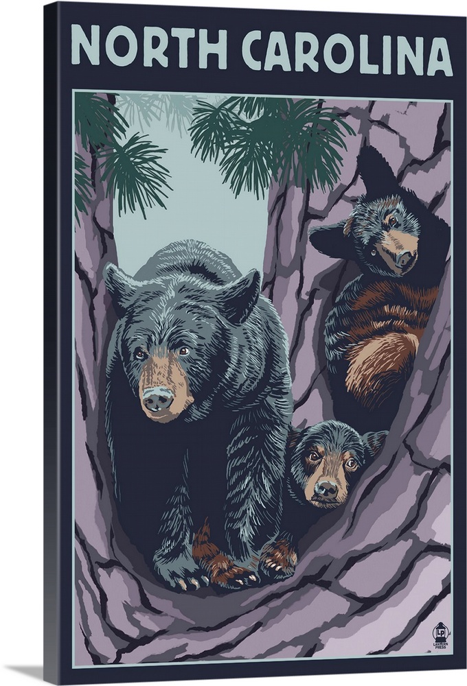 Retro stylized art poster of a black bear mother with her two cubs in a tree.