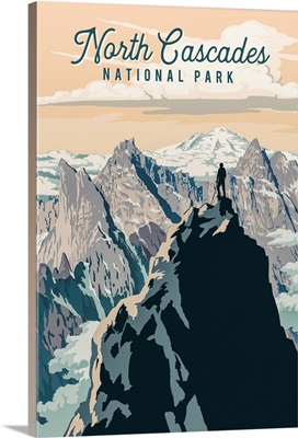 North Cascades National Park, Hiking On Mountaintop: Retro Travel Poster