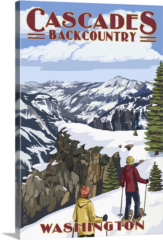 North Cascades, Washington - Showshoer Scene: Retro Travel Poster