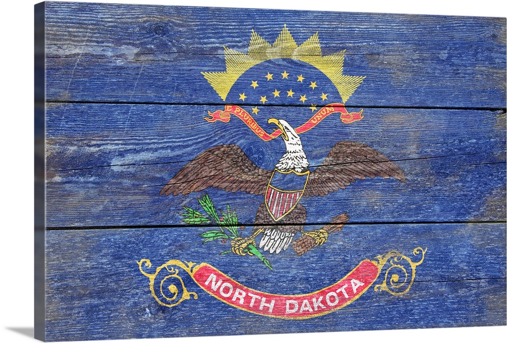 The flag of North Dakota with a weathered wooden board effect.