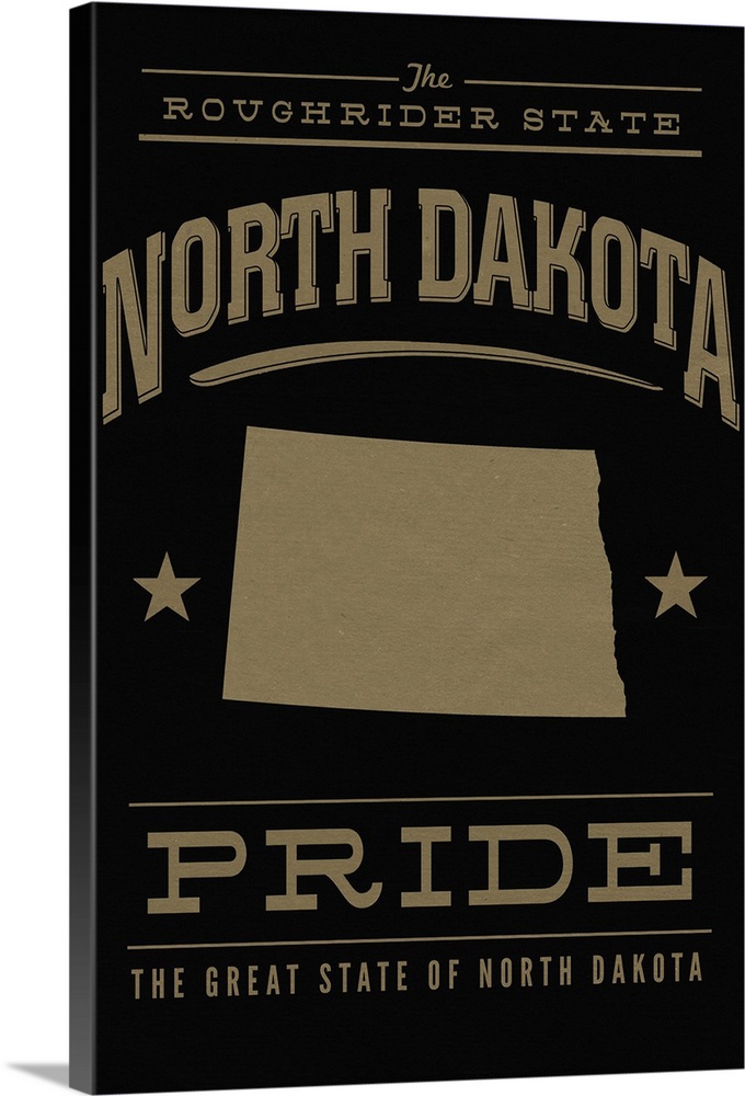 The North Dakota state outline on black with gold text.