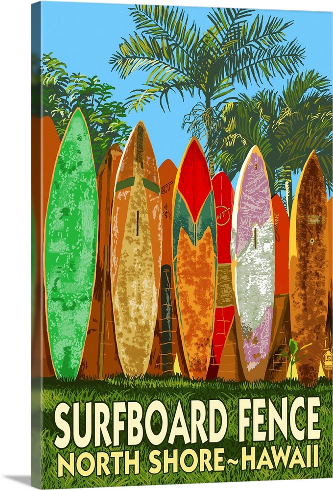 North Shore, Hawaii - Surfboard Fence: Retro Travel Poster