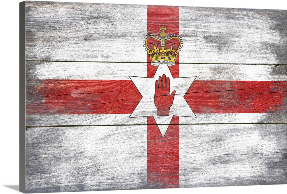 The flag of Northern Ireland with a weathered wooden board effect.