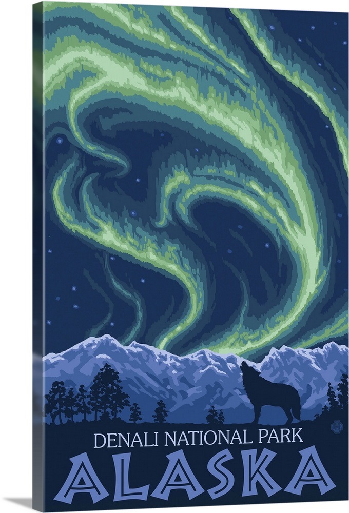 Northern Lights Denali National Park, Alaska Retro Travel Poster