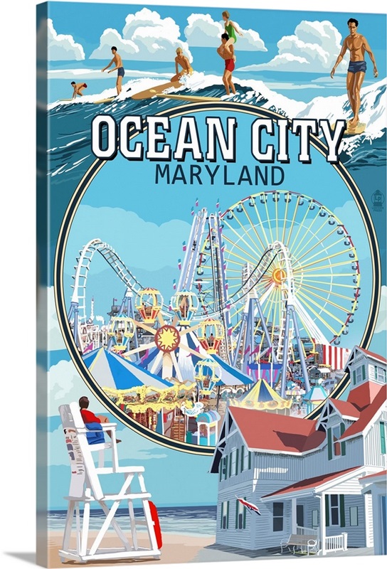 Ocean City, Maryland - Montage Scenes: Retro Travel Poster | Large Floating Frame Canvas Wall Art | Great Big Canvas