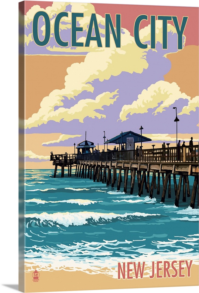 Ocean City, New Jersey - Fishing Pier: Retro Travel Poster | Large Solid-Faced Canvas Wall Art Print | Great Big Canvas