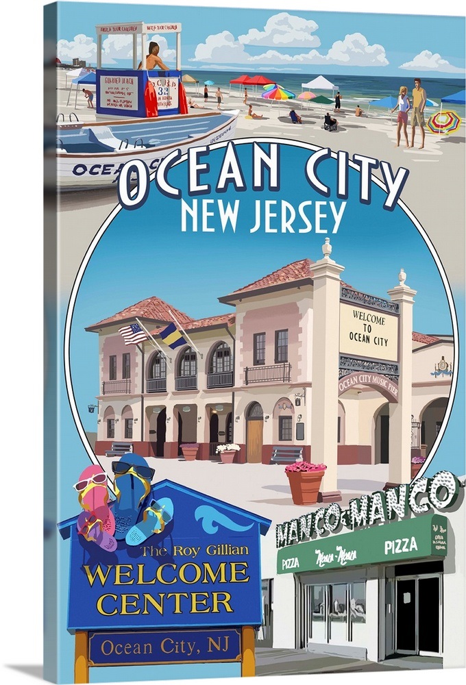 Ocean City, New Jersey Montage Retro Travel Poster Wall Art, Canvas