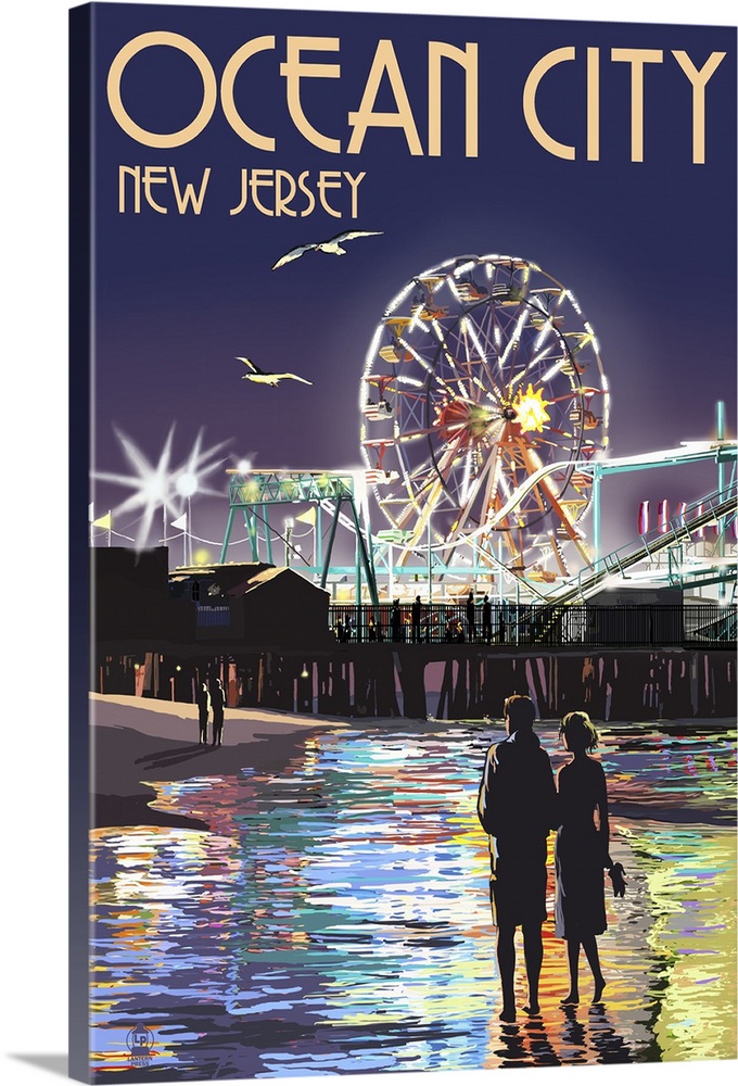Ocean City, New Jersey - Pier and Rides at Night: Retro Travel Poster