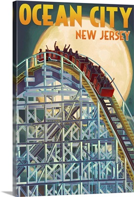 Ocean City, New Jersey - Roller Coaster and Moon: Retro Travel Poster