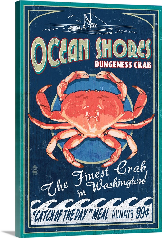 Ocean Shores, Washington, Dungeness Crab Vintage Sign