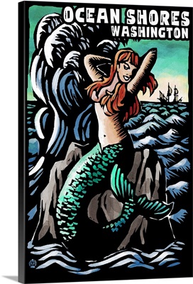 Ocean Shores, Washington, Mermaid, Scratchboard